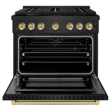 ZLINE 4-Piece Appliance Package - 36-Inch Paramount Dual Fuel Range, Wall Mount Range Hood, 36-Inch French Door Refrigerator with Water Dispenser, Dishwasher, in Black Stainless Steel with Champagne Bronze Accents