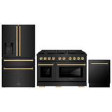 ZLINE 3-Piece Appliance Package - 48-Inch Paramount Dual Fuel Range, 36-Inch French Door Refrigerator with Water Dispenser, Dishwasher, in Black Stainless Steel with Gold Accents