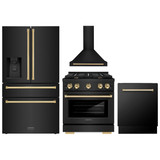 ZLINE 4-Piece Appliance Package - 30-Inch Paramount Gas Range, Wall Mount Range Hood, 36-Inch French Door Refrigerator with Water Dispenser, Dishwasher, in Black Stainless Steel with Gold Accents