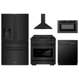 ZLINE 5-Piece Appliance Package - 30-Inch Paramount Gas Range, Wall Mount Range Hood, 36-Inch French Door Refrigerator with Water Dispenser, Dishwasher, and 24-Inch Microwave Drawer in Black Stainless Steel