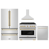 ZLINE 4-Piece Appliance Package - 36-Inch Paramount Autograph Dual Fuel Range, Wall Mount Range Hood, 36-Inch French Door Refrigerator, Dishwasher, in Stainless Steel with Gold Accents
