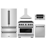 ZLINE 5-Piece Appliance Package - 36-Inch Paramount Autograph Gas Range, Wall Mount Range Hood, 36-Inch French Door Refrigerator, Dishwasher, and 30-Inch Microwave Drawer in Stainless Steel with Matte Black Accents