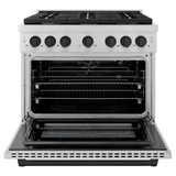ZLINE 5-Piece Appliance Package - 36-Inch Paramount Autograph Gas Range, Wall Mount Range Hood, 36-Inch French Door Refrigerator, Dishwasher, and 30-Inch Microwave Drawer in Stainless Steel with Matte Black Accents