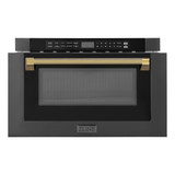 ZLINE 5-Piece Appliance Package - 48-Inch Paramount Dual Fuel Range, Wall Mount Range Hood, 36-Inch French Door Refrigerator, Dishwasher, and 24-Inch Microwave Drawer in Black Stainless Steel with Gold Accents