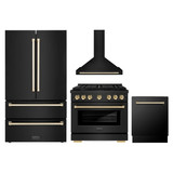 ZLINE 4-Piece Appliance Package - 36-Inch Paramount Dual Fuel Range, Wall Mount Range Hood, 36-Inch French Door Refrigerator, Dishwasher, in Black Stainless Steel with Gold Accents