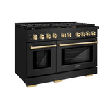 ZLINE 4-Piece Appliance Package - 48-Inch Paramount Gas Range, Wall Mount Range Hood, 36-Inch French Door Refrigerator with Water Dispenser, Dishwasher, in Black Stainless Steel with Gold Accents