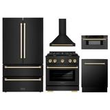 ZLINE 5-Piece Appliance Package - 30-Inch Paramount Dual Fuel Range, Wall Mount Range Hood, 36-Inch French Door Refrigerator, Dishwasher, and 30-Inch Microwave Drawer in Black Stainless Steel with Gold Accents
