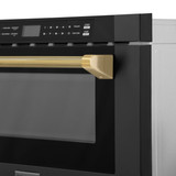 ZLINE 5-Piece Appliance Package - 48-Inch Paramount Gas Range, Wall Mount Range Hood, 36-Inch French Door Refrigerator, Dishwasher, and 24-Inch Microwave Drawer in Black Stainless Steel with Gold Accents