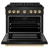 ZLINE 5-Piece Appliance Package - 36-Inch Paramount Dual Fuel Range, Wall Mount Range Hood, 36-Inch French Door Refrigerator, Dishwasher, and 24-Inch Microwave Drawer in Black Stainless Steel with Gold Accents