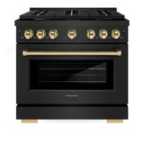 ZLINE 5-Piece Appliance Package - 36-Inch Paramount Dual Fuel Range, Wall Mount Range Hood, 36-Inch French Door Refrigerator, Dishwasher, and 24-Inch Microwave Drawer in Black Stainless Steel with Gold Accents