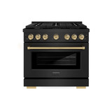 ZLINE 4-Piece Appliance Package - 36-Inch Paramount Gas Range, Wall Mount Range Hood, 36-Inch French Door Refrigerator, Dishwasher, in Black Stainless Steel with Champagne Bronze Accents