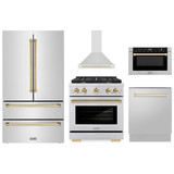 ZLINE 5-Piece Appliance Package - 30-Inch Paramount Autograph Gas Range, Wall Mount Range Hood, 36-Inch French Door Refrigerator, Dishwasher, and 24-Inch Microwave Drawer in Stainless Steel with Gold Accents