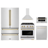 ZLINE 5-Piece Appliance Package - 30-Inch Paramount Autograph Gas Range, Wall Mount Range Hood, 36-Inch French Door Refrigerator, Dishwasher, and 30-Inch Microwave Drawer in Stainless Steel with Gold Accents