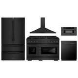 ZLINE 5-Piece Appliance Package - 48-Inch Paramount Dual Fuel Range, Wall Mount Range Hood, 36-Inch French Door Refrigerator, Dishwasher, and 30-Inch Microwave Drawer in Black Stainless Steel
