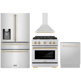 ZLINE 4-Piece Appliance Package - 30-Inch Paramount Autograph Gas Range, Wall Mount Range Hood, 36-Inch French Door Refrigerator with Water Dispenser, Dishwasher, in Stainless Steel with Gold Accents