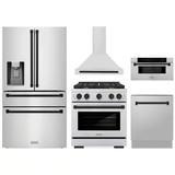 ZLINE 5-Piece Appliance Package - 30-Inch Paramount Dual Fuel Range, Wall Mount Range Hood, 36-Inch French Door Refrigerator with Water Dispenser, Dishwasher, and 30-Inch Microwave Drawer in Stainless Steel with Matte Black Accents