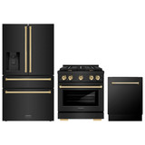 ZLINE 3-Piece Appliance Package - 30-Inch Paramount Dual Fuel Range, 36-Inch French Door Refrigerator with Water Dispenser, Dishwasher, in Black Stainless Steel with Gold Accents