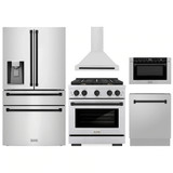 ZLINE 5-Piece Appliance Package - 30-Inch Paramount Autograph Dual Fuel Range, Wall Mount Range Hood, 36-Inch French Door Refrigerator with Water Dispenser, Dishwasher, and 24-Inch Microwave Drawer in Stainless Steel with Matte Black Accents