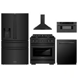 ZLINE 5-Piece Appliance Package - 30-Inch Paramount Dual Fuel Range, Wall Mount Range Hood, 36-Inch French Door Refrigerator with Water Dispenser, Dishwasher, and 30-Inch Microwave Drawer in Black Stainless Steel