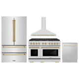 ZLINE 4-Piece Appliance Package - 48-Inch Paramount Autograph Dual Fuel Range, Wall Mount Range Hood, 36-Inch French Door Refrigerator, Dishwasher, in Stainless Steel with Gold Accents