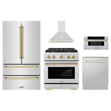 ZLINE 5-Piece Appliance Package - 30-Inch Paramount Dual Fuel Range, Wall Mount Range Hood, 36-Inch French Door Refrigerator, Dishwasher, and 30-Inch Microwave Drawer in Stainless Steel with Gold Accents