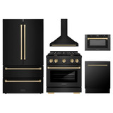 ZLINE 5-Piece Appliance Package - 36-Inch Paramount Dual Fuel Range, Wall Mount Range Hood, 36-Inch French Door Refrigerator, Dishwasher, and 24-Inch Microwave Drawer in Black Stainless Steel with Champagne Bronze Accents
