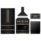 ZLINE 5-Piece Appliance Package - 30-Inch Paramount Dual Fuel Range, Wall Mount Range Hood, 36-Inch French Door Refrigerator, Dishwasher, and 30-Inch Microwave Drawer in Black Stainless Steel with Champagne Bronze Accents
