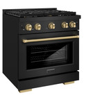 ZLINE 5-Piece Appliance Package - 30-Inch Paramount Dual Fuel Range, Wall Mount Range Hood, 36-Inch French Door Refrigerator, Dishwasher, and 30-Inch Microwave Drawer in Black Stainless Steel with Champagne Bronze Accents