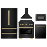 ZLINE 5-Piece Appliance Package - 30-Inch Paramount Dual Fuel Range, Wall Mount Range Hood, 36-Inch French Door Refrigerator, Dishwasher, and 24-Inch Microwave Drawer in Black Stainless Steel with Champagne Bronze Accents