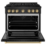 ZLINE 4-Piece Appliance Package - 36-Inch Paramount Gas Range, Wall Mount Range Hood, 36-Inch French Door Refrigerator with Water Dispenser, Dishwasher, in Black Stainless Steel with Gold Accents