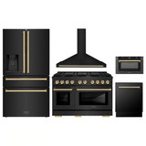 ZLINE 5-Piece Appliance Package - 48-Inch Paramount Gas Range, Wall Mount Range Hood, 36-Inch French Door Refrigerator with Water Dispenser, Dishwasher, and 24-Inch Microwave Drawer in Black Stainless Steel with Gold Accents