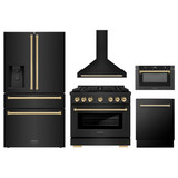 ZLINE 5-Piece Appliance Package - 36-Inch Paramount Dual Fuel Range, Wall Mount Range Hood, 36-Inch French Door Refrigerator with Water Dispenser, Dishwasher, and 24-Inch Microwave Drawer in Black Stainless Steel with Gold Accents