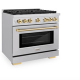 ZLINE 3-Piece Appliance Package - 36-Inch Paramount Autograph Dual Fuel Range, 36-Inch French Door Refrigerator, Dishwasher, in Stainless Steel with Gold Accents