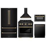 ZLINE 5-Piece Appliance Package - 30-Inch Paramount Gas Range, Wall Mount Range Hood, 36-Inch French Door Refrigerator, Dishwasher, and 24-Inch Microwave Drawer in Black Stainless Steel with Champagne Bronze Accents