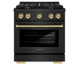ZLINE 4-Piece Appliance Package - 30-Inch Paramount Dual Fuel Range, Wall Mount Range Hood, 36-Inch French Door Refrigerator with Water Dispenser, Dishwasher, in Black Stainless Steel with Champagne Bronze Accents