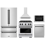 ZLINE 5-Piece Appliance Package - 30-Inch Paramount Dual Fuel Range, Wall Mount Range Hood, 36-Inch French Door Refrigerator, Dishwasher, and 24-Inch Microwave Drawer in Stainless Steel with Matte Black Accents
