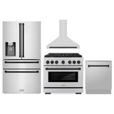 ZLINE 4-Piece Appliance Package - 36-Inch Paramount Autograph Dual Fuel Range, Wall Mount Range Hood, 36-Inch French Door Refrigerator with Water Dispenser, Dishwasher, in Stainless Steel with Matte Black Accents