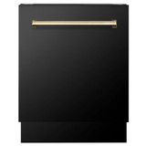 ZLINE 4-Piece Appliance Package - 36-Inch Paramount Dual Fuel Range, Wall Mount Range Hood, 36-Inch French Door Refrigerator with Water Dispenser, Dishwasher, in Black Stainless Steel with Gold Accents