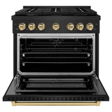 ZLINE 5-Piece Appliance Package - 36-Inch Paramount Gas Range, Wall Mount Range Hood, 36-Inch French Door Refrigerator with Water Dispenser, Dishwasher, and 24-Inch Microwave Drawer in Black Stainless Steel with Champagne Bronze Accents