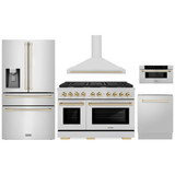 ZLINE 5-Piece Appliance Package - 48-Inch Paramount Autograph Gas Range, Wall Mount Range Hood, 36-Inch French Door Refrigerator with Water Dispenser, Dishwasher, and 30-Inch Microwave Drawer in Stainless Steel with Gold Accents
