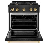 ZLINE 5-Piece Appliance Package - 30-Inch Paramount Gas Range, Wall Mount Range Hood, 36-Inch French Door Refrigerator with Water Dispenser, Dishwasher, and 24-Inch Microwave Drawer in Black Stainless Steel with Gold Accents