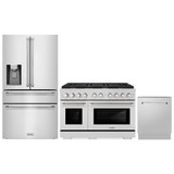 ZLINE 3-Piece Appliance Package - 48-Inch Paramount Dual Fuel Range, 36-Inch French Door Refrigerator with Water Dispenser, Dishwasher, in Stainless Steel