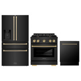 ZLINE 3-Piece Appliance Package - 30-Inch Paramount Gas Range, 36-Inch French Door Refrigerator with Water Dispenser, Dishwasher, in Black Stainless Steel with Champagne Bronze Accents