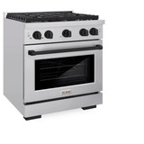ZLINE 5-Piece Appliance Package - 30-Inch Paramount Autograph Gas Range, Wall Mount Range Hood, 36-Inch French Door Refrigerator, Dishwasher, and 30-Inch Microwave Drawer in Stainless Steel with Matte Black Accents