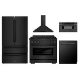 ZLINE 5-Piece Appliance Package - 36-Inch Paramount Dual Fuel Range, Wall Mount Range Hood, 36-Inch French Door Refrigerator, Dishwasher, and 30-Inch Microwave Drawer in Black Stainless Steel
