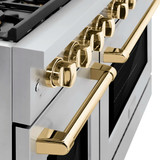 ZLINE 5-Piece Appliance Package - 48-Inch Paramount Autograph Gas Range, Wall Mount Range Hood, 36-Inch French Door Refrigerator with Water Dispenser, Dishwasher, and 24-Inch Microwave Drawer in Stainless Steel with Gold Accents