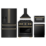 ZLINE 5-Piece Appliance Package - 30-Inch Paramount Dual Fuel Range, Wall Mount Range Hood, 36-Inch French Door Refrigerator with Water Dispenser, Dishwasher, and 24-Inch Microwave Drawer in Black Stainless Steel with Champagne Bronze Accents