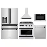 ZLINE 5-Piece Appliance Package - 30-Inch Paramount Autograph Gas Range, Wall Mount Range Hood, 36-Inch French Door Refrigerator with Water Dispenser, Dishwasher, and 24-Inch Microwave Drawer in Stainless Steel with Matte Black Accents