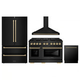 ZLINE 4-Piece Appliance Package - 48-Inch Paramount Gas Range, Wall Mount Range Hood, 36-Inch French Door Refrigerator, Dishwasher, in Black Stainless Steel with Champagne Bronze Accents