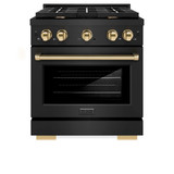 ZLINE 5-Piece Appliance Package - 30-Inch Paramount Gas Range, Wall Mount Range Hood, 36-Inch French Door Refrigerator with Water Dispenser, Dishwasher, and 30-Inch Microwave Drawer in Black Stainless Steel with Gold Accents